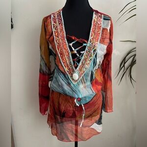 Beaded chiffon cover up tunic see through top small